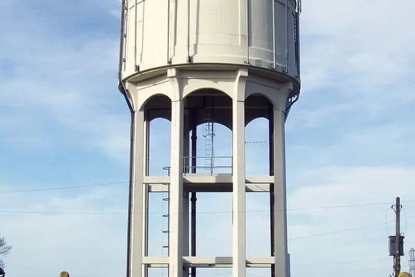Concrete water tower in the English countryside