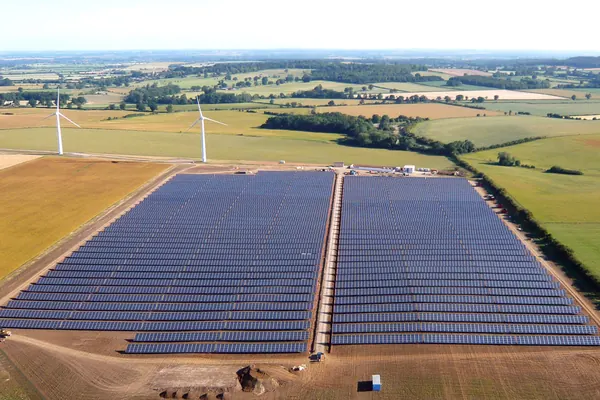Ground-mounted solar farm seen from above, England