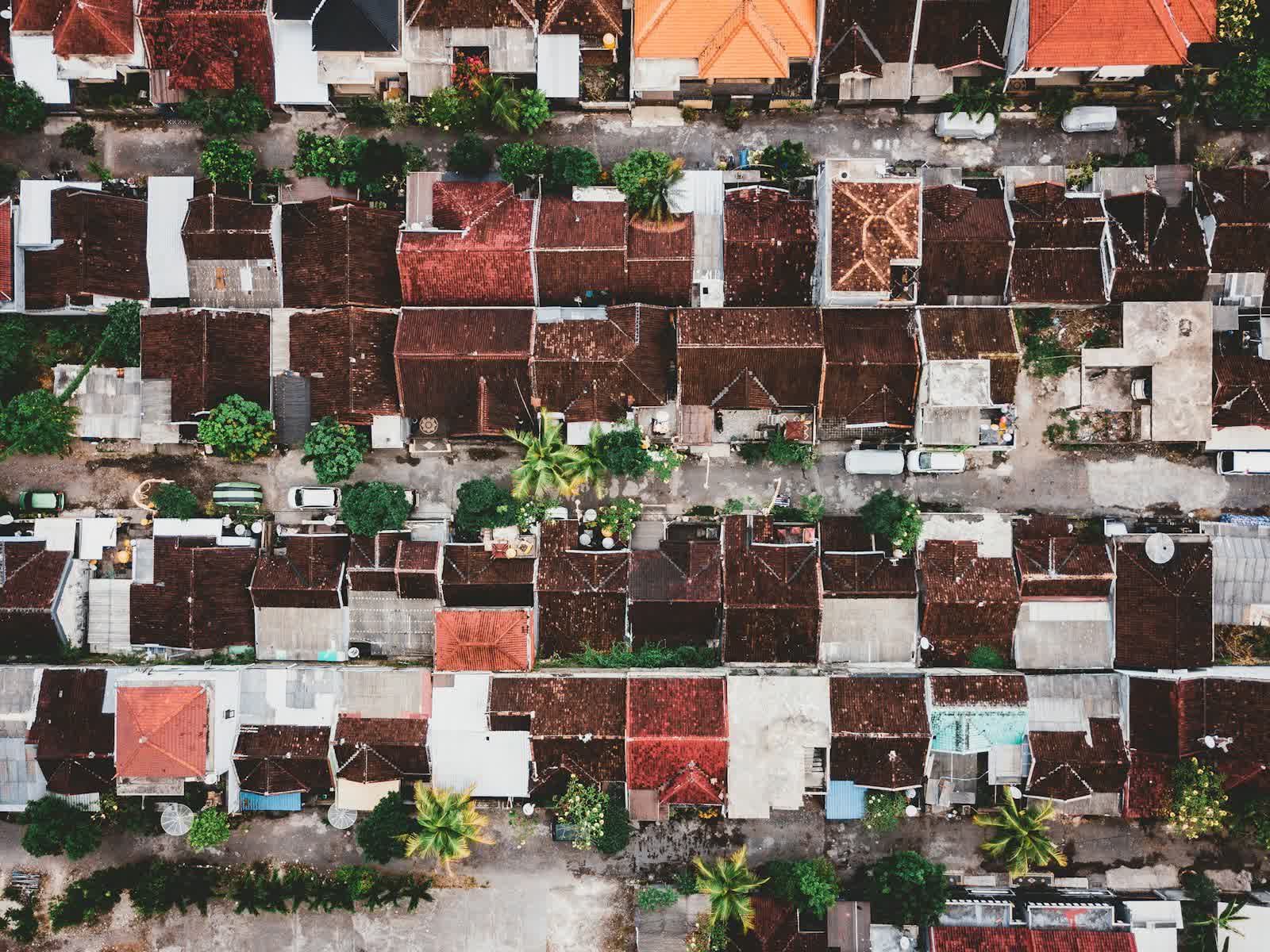 Tiled rooftops seen from above during a drone inspection