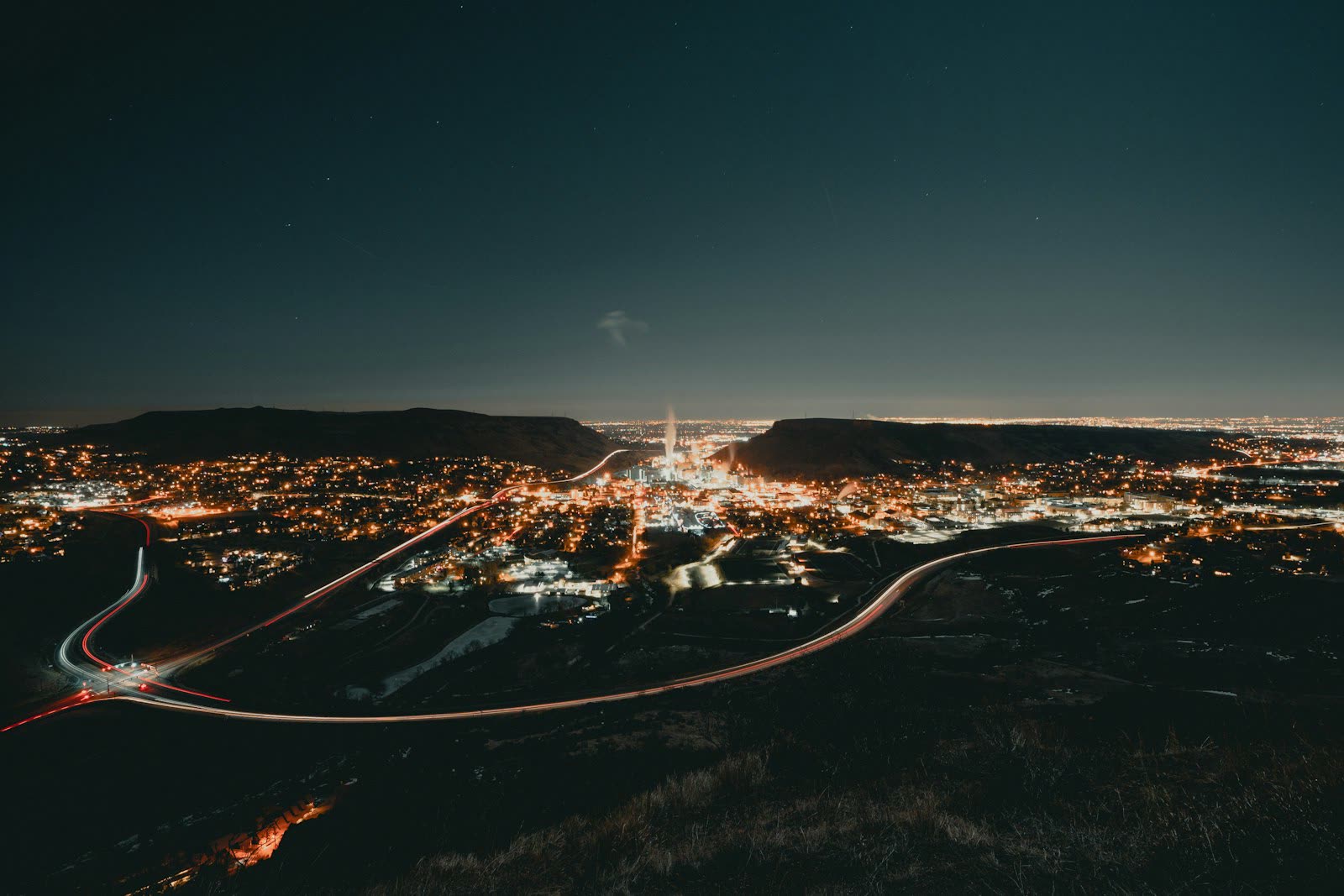 Night aerial view of an illuminated urban area